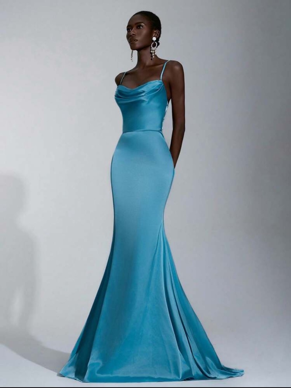 Elegant Teal Satin Cowl Neck Mermaid Gown NEW 🏷️